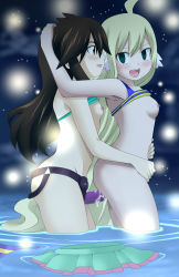 Rule 34 | 2girls, absurdres, ahoge, blonde hair, blush, breasts, brown hair, censored, commission, dildo, dmayaichi, empty eyes, fairy tail, green eyes, highres, lake, mavis vermilion, multiple girls, nature, nipples, open mouth, sex, sex from behind, sex toy, small breasts, standing, strap-on, vaginal, yuri, zera (fairy tail)