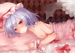 Rule 34 | 1girl, bare shoulders, bat wings, blush, checkered background, chemise, female focus, flat chest, hat, lying, na s, nazuka (mikkamisaki), nipples, on stomach, purple hair, red eyes, remilia scarlet, short hair, solo, strap slip, touhou, wings, wrist cuffs