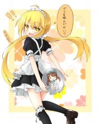 Rule 34 | 10s, 1girl, :d, ahoge, alternate costume, apron, batsubyou, bikini, black socks, blonde hair, enmaided, error musume, fang, frilled apron, frilled bikini, frills, from behind, girl holding a cat (kancolle), kantai collection, kneehighs, looking at viewer, looking back, low twintails, maid, maid apron, maid headdress, open mouth, puffy short sleeves, puffy sleeves, rateratte, satsuki (kancolle), short sleeves, smile, socks, solo, swimsuit, translation request, tray, twintails, yellow eyes