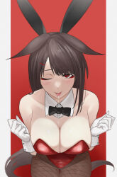 Rule 34 | 1girl, ;), absurdres, akagi (azur lane), akizuki (17769498), alternate costume, animal ears, azur lane, bare shoulders, breasts, breasts squeezed together, brown hair, cleavage, cleavage cutout, clothing cutout, commentary request, detached collar, drooling, ears down, eyeshadow, fishnet pantyhose, fishnets, fox ears, fox girl, fox tail, gloves, hair ornament, hair over one eye, hairclip, hands up, highres, kemonomimi mode, kitsune, large breasts, leaning forward, leotard, long hair, makeup, one eye closed, pantyhose, presenting, rabbit ears, red eyes, red eyeshadow, red leotard, slit pupils, smile, solo, strapless, strapless leotard, tail, teasing, very long hair, white gloves, wrist cuffs