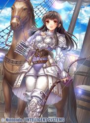 Rule 34 | 1girl, armor, arrow (projectile), astrid (fire emblem), bow (weapon), breastplate, brown eyes, commentary, company name, copyright name, day, fire emblem, fire emblem: path of radiance, fire emblem: radiant dawn, fire emblem cipher, fumi (butakotai), holding, holding bow (weapon), holding weapon, long hair, nintendo, official art, pants, quiver, shoulder armor, shoulder pads, thighhighs, weapon