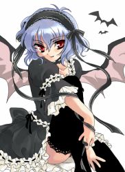 Rule 34 | 1girl, bat (animal), black thighhighs, coco (artist), female focus, goth fashion, remilia scarlet, simple background, solo, thighhighs, touhou, white background, wings