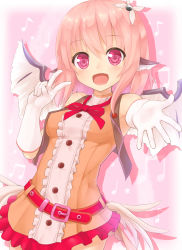 Rule 34 | 1girl, alternate costume, animal ears, bare shoulders, beamed quavers, belt, bird wings, brown dress, buttons, chiroshiron, dress, elbow gloves, frills, gloves, hair ornament, highres, idol, looking at viewer, musical note, mystia lorelei, open clothes, open mouth, open vest, pink eyes, pink hair, quaver, sleeveless, sleeveless dress, smile, solo, touhou, vest, white gloves, wings