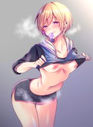 Rule 34 | 1girl, aizawa chihiro, bad anatomy, blonde hair, blush, breasts, clothes lift, condom, condom in mouth, grey background, idolmaster, idolmaster shiny colors, lifting own clothes, looking at viewer, medium breasts, mouth hold, navel, purple eyes, pussy juice, saijo juri, shirt lift, short hair, solo, standing