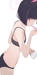 Rule 34 | 1girl, animal ears, black bra, black hair, black panties, blue archive, bra, cup, halo, highres, hiroki (yyqw7151), holding, holding cup, kazusa (blue archive), panties, pink eyes, pink halo, short hair, simple background, solo, toothbrush in mouth, underwear, underwear only, white background