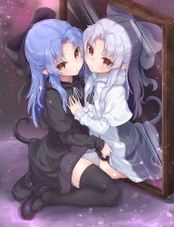 Rule 34 | 2girls, bare arms, black bow, black dress, black footwear, black legwear, blue hair, bow, breasts, capelet, cat tail, closed mouth, cowboy shot, dress, fur collar, hair bow, hand on another&#039;s chest, highres, len (tsukihime), long hair, looking at viewer, looking to the side, melty blood, mirror, multiple girls, open mouth, parted bangs, parted lips, petite, pointy ears, pulling another&#039;s clothes, rabittofaa, red eyes, small breasts, sparkle, tail, thighhighs, tsukihime, white bow, white dress, white footwear, white hair, white legwear, white len (tsukihime)