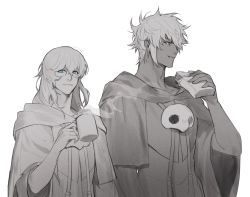 Rule 34 | 2boys, :t, arm at side, baebabaego, blue eyes, capelet, chewing, collarbone, cup, eating, erichthonios, final fantasy, final fantasy xiv, food, from side, greyscale, hair between eyes, hand up, holding, holding cup, holding food, hood, hood down, hooded capelet, long sleeves, looking at viewer, looking to the side, male focus, mask, mask around neck, unworn mask, medium hair, monochrome, mug, multiple boys, red eyes, robe, sandwich, short hair, simple background, smile, spot color, standing, steam, themis (ff14), upper body, white background, wide sleeves