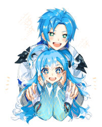 Rule 34 | 1boy, 1girl, armor, blue eyes, blue hair, blue sleeves, blush, chin rest, conchitwa, cross-shaped pupils, hands on another&#039;s shoulders, hands on own cheeks, hands on own face, head on head, head rest, highres, hololive, hololive indonesia, holostars, holostars english, jacket, kobo kanaeru, long hair, long sleeves, looking at viewer, medium hair, multicolored hair, open mouth, parted bangs, raincoat, regis altare, shoulder armor, sleeves past wrists, sparkle, symbol-shaped pupils, teeth, two-tone hair, upper body, upper teeth only, virtual youtuber, wavy hair, white background, white hair, white jacket