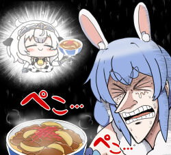 Rule 34 | &gt; &lt;, 2girls, animal ears, animal print, bell, blue hair, bowl, braid, breasts, cleavage, closed eyes, commentary request, cow ears, cow horns, cow print, cow print bikini, cowbell, crying, food, grey hair, holding, holding bowl, hololive, horns, kaiji, large breasts, matarou (matarou072), multicolored hair, multiple girls, open mouth, parody, print bikini, rabbit ears, rabbit girl, shirogane noel, style parody, sweat, tears, thick eyebrows, translation request, twin braids, two-tone hair, usada pekora, virtual youtuber, white hair