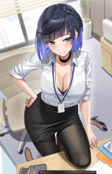 Rule 34 | 1girl, absurdres, alternate costume, bad id, bad twitter id, black pantyhose, blue hair, bob cut, bra, bra peek, braid, breasts, chair, cleavage, closed mouth, dark blue hair, day, from above, genshin impact, hand on own hip, high heels, highres, indoors, large breasts, looking at viewer, mole, mole on breast, office, office chair, office lady, pantyhose, partially unbuttoned, pencil skirt, shirt, shirt tucked in, shocho, shoes, short hair, skirt, solo, swivel chair, table, underwear, unworn shoes, white shirt, window blinds, yelan (genshin impact)