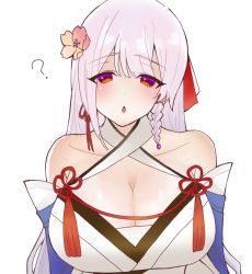 Rule 34 | 1girl, :o, ?, assault lily, bare shoulders, blush, braid, breasts, cleavage, collarbone, commentary request, criss-cross halter, flower, flower knot, funada ui, hair between eyes, hair flower, hair ornament, hair ribbon, halterneck, highres, imu (2011imuru), japanese clothes, kimono, large breasts, long sleeves, looking at viewer, multicolored eyes, orange eyes, orange flower, parted lips, pink hair, purple eyes, red ribbon, ribbon, side braid, simple background, single braid, solo, tassel, upper body, white background, white kimono, white ribbon