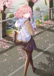 Rule 34 | 1girl, black pantyhose, blue skirt, cherry blossoms, closed mouth, commentary request, day, fate/grand order, fate (series), fou (fate), glasses, hood, hood down, hooded jacket, jacket, lloule, looking at viewer, looking back, mash kyrielight, outdoors, pantyhose, petals, pink hair, red ribbon, ribbon, road, rock, shoes, short hair, skirt, smile, solo, standing, street, tree, walking, water, white jacket, wind