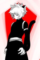 Rule 34 | 1boy, animal ears, belt, cat boy, cat ears, cat tail, closed mouth, greyscale, greyscale with colored background, highres, long sleeves, luo xiaohei, luo xiaohei zhanji, male focus, monochrome, nploser, red background, short hair, solo, tail, turtleneck