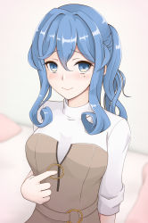 Rule 34 | 1girl, blue eyes, blue hair, commentary request, gotland (kancolle), hair bun, highres, kantai collection, kodama (user rnfr3534), long hair, looking at viewer, mole, mole under eye, single hair bun, sitting, smile, solo, sweater, upper body, white sweater
