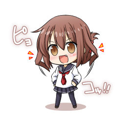 Rule 34 | 1girl, april fools, brown eyes, brown hair, cosplay, expressive hair, fang, folded ponytail, ikazuchi (kancolle), inazuma (kancolle), inazuma (kancolle) (cosplay), kadose ara, kantai collection, looking at viewer, lowres, neckerchief, open mouth, pantyhose, red neckerchief, school uniform, serafuku, skirt, solo, translation request