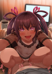 Rule 34 | 1boy, 1girl, blush, breasts, brown hair, coffee, computer, cowgirl position, ginger l, hair ribbon, highres, laptop, lingerie, looking at viewer, mizuki yukikaze, nipples, open mouth, pink eyes, pov, ribbon, see-through, sex, small breasts, smile, straddling, taimanin (series), taimanin yukikaze, tan, tanline, twintails, underwear