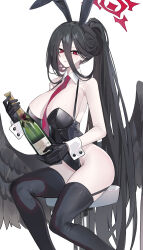 Rule 34 | 1girl, animal ears, black gloves, black hair, black leotard, black thighhighs, black wings, blue archive, blush, bottle, breasts, detached collar, echj, fake animal ears, feathered wings, gloves, hair between eyes, halo, hasumi (blue archive), highres, holding, holding bottle, large breasts, leotard, long hair, mole, mole under eye, necktie, playboy bunny, rabbit ears, red halo, red necktie, simple background, sitting, solo, sweatdrop, thighhighs, thighs, white background, wine bottle, wings