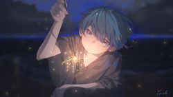 Rule 34 | 1boy, androgynous, blue eyes, blue hair, closed mouth, fireworks, highres, japanese clothes, kimono, looking at viewer, male focus, multicolored eyes, new year, non porn, original, purple eyes, short hair, smile, solo, yonab, yonab (yonab), yukata