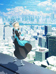 Rule 34 | 1girl, black dress, blonde hair, blue archive, blue eyes, blue sky, building, city, cityscape, cloud, commentary request, day, dress, full body, gloves, halo, hat, headset, high heels, keika (otsukare), long hair, long sleeves, looking at viewer, maid headdress, mechanical halo, outdoors, scenery, shadow, sky, solo, standing, toki (blue archive)