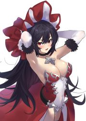 Rule 34 | 1girl, absurdres, armpits, arms behind head, arms up, bare shoulders, belt, black hair, blush, bonnet, breasts, chain, cleavage, collarbone, covered navel, dress, elbow gloves, eyebrows hidden by hair, from side, fur-trimmed gloves, fur trim, gloves, hair between eyes, highres, illya (princess connect!), jikatarou, large breasts, leotard, long hair, looking at viewer, open mouth, princess connect!, red dress, red eyes, red headwear, simple background, slit pupils, solo, very long hair, white background, white gloves, white leotard