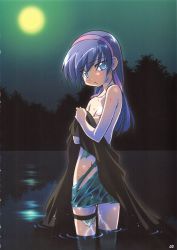 Rule 34 | 00s, 1girl, blue hair, blush, bruise, covering privates, covering breasts, female focus, hairband, highres, horii kumi, injury, kimura takahiro, leg belt, lingerie, long hair, looking at viewer, looking back, lou roux, night, no bra, no panties, official art, scan, shinkon gattai godannar!!, sky, solo, tears, topless, torn clothes, underwear