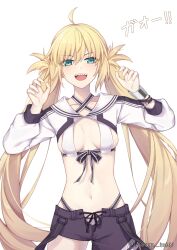 Rule 34 | 1girl, artoria caster (fate), artoria caster (swimsuit) (fate), artoria caster (swimsuit) (first ascension) (fate), artoria pendragon (fate), asymmetrical clothes, asymmetrical pants, bikini, black pants, blonde hair, blush, breasts, colorfulkite, cropped jacket, fate/grand order, fate (series), green eyes, hat, highres, jacket, long hair, long sleeves, looking at viewer, medium breasts, navel, open mouth, open pants, pants, shrug (clothing), single bare leg, single pantsleg, smile, solo, swimsuit, twintails, white bikini, white hat, white jacket