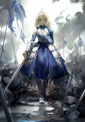 Rule 34 | 1girl, after battle, ahoge, armor, artoria pendragon (fate), blonde hair, blood, cloud, cloudy sky, dress, excalibur (fate/stay night), fate/stay night, fate (series), flag, green eyes, looking at viewer, nine (liuyuhao1992), rain, revision, saber (fate), sad, sky, solo, standard bearer, sword, torn clothes, weapon
