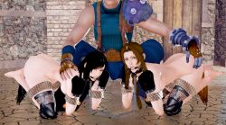 Rule 34 | 1boy, 2girls, 3d, aerith gainsborough, ball gag, barefoot, bdsm, bdsm latex, bitchsuit, black hair, bondage, bondage mittens, bound, breasts, brown hair, chain, clothed male nude female, cloud strife, collar, final fantasy, final fantasy vii, gag, hanging breasts, highres, indoors, looking at viewer, medium breasts, multiple girls, nude, pet play, piddlefours, rope, squatting, stone floor, stone wall, tifa lockhart, wall