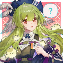 Rule 34 | 1girl, ?, arknights, bare shoulders, belt, bird, bird girl, black hat, blush, commentary request, feather hair, feathers, green hair, hair between eyes, haisongshiwu, hat, hat feather, high belt, jacket, jacket partially removed, long hair, looking at viewer, open mouth, poncirus (arknights), red background, red eyes, shirt, sleeveless, sleeveless shirt, solo, spoken question mark, white feathers