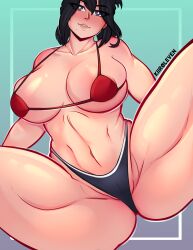 Rule 34 | 1girl, absurdres, ass, black hair, blush, boku no hero academia, breasts, hair between eyes, highres, huge ass, kiiroleven, large breasts, looking at viewer, looking down, muscular, muscular female, self-upload, shimura nana, short hair, smile, solo, thick thighs, thighs