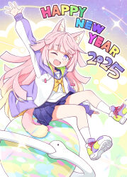 1girl 2025 ;d animal_ear_fluff animal_ears arm_up chinese_zodiac commentary_request drawstring happy_new_year harada_(sansei_rain) highres hood hood_down hooded_jacket jacket long_hair long_sleeves new_year one_eye_closed open_clothes open_jacket open_mouth original pink_hair pleated_skirt puffy_long_sleeves puffy_sleeves purple_eyes purple_footwear purple_sailor_collar purple_skirt sailor_collar shirt shoe_soles shoes skirt sleeves_past_wrists smile socks solo tail very_long_hair white_jacket white_shirt white_socks year_of_the_snake