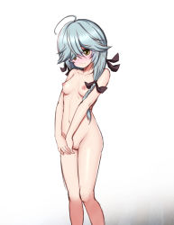 Rule 34 | 1girl, ahoge, aqua hair, black ribbon, blush, braid, breasts, brown eyes, cleft of venus, closed mouth, collarbone, embarrassed, frown, full-face blush, gradient background, groin, hair over shoulder, hair ribbon, hamanami (kancolle), harukigenia, kantai collection, long hair, looking away, looking down, navel, nipples, nude, own hands together, pussy, ribbon, single braid, small breasts, solo, standing, uncensored, v arms, wavy mouth, white background