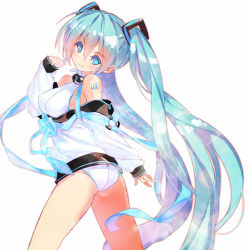 Rule 34 | 1girl, ass, blue eyes, blue hair, breasts, flat ass, from side, fujishima-sei ichi-gou, hair between eyes, hatsune miku, highres, jacket, long hair, matching hair/eyes, off shoulder, one-piece swimsuit, solo, swimsuit, swimsuit under clothes, twintails, very long hair, vocaloid