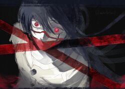 1girl axelstool black_background black_hair chainsaw_man long_hair no_mouth red_eyes scar scar_on_face shirt solo twitter_username wide-eyed yoru_(chainsaw_man)