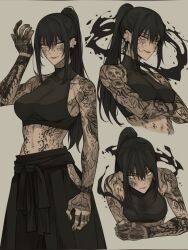 1girl arm_tattoo black_hair crop_top earrings huayen jewelry original pixiv_fantasia pixiv_fantasia_last_saga tattoo yellow_eyes