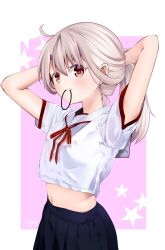 Rule 34 | 1girl, ahoge, arms behind head, arms up, black skirt, blush, breasts, collared shirt, fate/kaleid liner prisma illya, fate (series), hair tie in mouth, highres, homurahara academy school uniform, illyasviel von einzbern, long hair, looking at viewer, midriff, mouth hold, navel, neck ribbon, pei iriya, pleated skirt, ponytail, puffy short sleeves, puffy sleeves, red eyes, red ribbon, ribbon, sailor collar, school uniform, shirt, short sleeves, sidelocks, skirt, small breasts, solo, tying hair, white hair, white sailor collar, white shirt