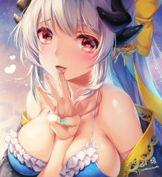 Rule 34 | 1girl, aqua nails, bikini, blush, bow, breasts, dragon girl, dragon horns, fate/grand order, fate (series), frilled bikini, frills, grey hair, heart, heart-shaped pupils, horns, japanese clothes, kiyohime (fate), kiyohime (fate/grand order), kiyohime (swimsuit lancer) (fate), kiyohime (swimsuit lancer) (third ascension) (fate), large breasts, looking at viewer, nail polish, open mouth, paint musume, swimsuit, symbol-shaped pupils, twitter username, upper body, yellow bow