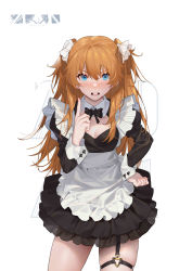 Rule 34 | 1girl, absurdres, alternate costume, apron, black bow, black dress, blue eyes, blush, bow, bowtie, breasts, brown hair, commentary, cowboy shot, dress, enmaided, frilled apron, frills, hair between eyes, hair bow, hand on own hip, highres, index finger raised, koi han, long hair, long sleeves, looking at viewer, maid, maid headdress, medium breasts, neon genesis evangelion, o-ring, open mouth, ribbon, simple background, skindentation, solo, souryuu asuka langley, standing, symbol-only commentary, teeth, thigh strap, two side up, upper teeth only, white background, white bow