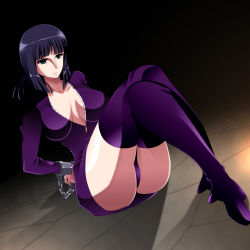 Rule 34 | 1girl, ariyon, arms behind back, bdsm, black hair, bondage, boots, bound, bound arms, bound wrists, crossed legs, cuffs, green eyes, highres, nico robin, one piece, panties, pantyshot, shackled, shackles, sitting, solo, thigh boots, thighhighs, underwear