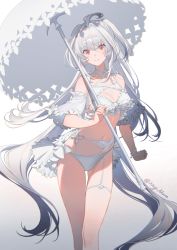 Rule 34 | 1girl, absurdres, ahoge, bare shoulders, bikini, breasts, cleavage, detached sleeves, fate/grand order, fate (series), grey hair, hair between eyes, highres, holding, holding umbrella, lady avalon (fate), long hair, looking at viewer, medium breasts, merlin (fate/prototype), navel, nay akane, pink eyes, short sleeves, simple background, smile, solo, standing, stomach, swimsuit, thigh strap, umbrella, very long hair, white bikini