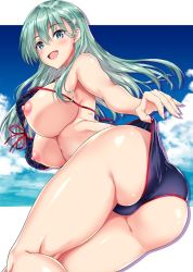 Rule 34 | 1girl, adjusting clothes, adjusting swimsuit, akizuki akina, aqua eyes, aqua hair, ass, bikini, bikini pull, blue bikini, blush, breasts, clothes pull, cloud, day, fingernails, from below, hair between eyes, hair ornament, hair over eyes, hairclip, halterneck, hand under clothes, kantai collection, large breasts, long hair, looking at viewer, nipples, open mouth, outdoors, outside border, self exposure, sidelocks, sky, solo, string bikini, suzuya (kancolle), swimsuit, underboob, underbust, wedgie