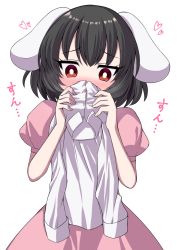 Rule 34 | 1girl, animal ears, arms up, black hair, blush, bright pupils, commentary request, covering own mouth, dress, dress shirt, facing viewer, head tilt, heart, highres, holding, holding clothes, holding shirt, inaba tewi, looking down, pink dress, rabbit ears, red eyes, shirt, short hair, simple background, smelling, solo, sound effects, touhou, tsukimirin, upper body, white background, white pupils, white shirt