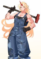 Rule 34 | 1girl, black shirt, blonde hair, blue overalls, breasts, commentary request, dirty, dirty clothes, fang, feet out of frame, fugaku (miko no miyatsuguchi), gloves, gradient background, hammer, hand on own hip, highres, holding, holding hammer, horns, hoshiguma yuugi, large breasts, long hair, muscular, muscular female, oni, oni horns, overalls, pointy ears, red horns, shirt, single horn, skin fang, sledgehammer, sleeveless, smile, solo, star (symbol), tank top, touhou