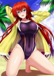 Rule 34 | 1girl, ahoge, arms behind head, arms up, barefoot, beach, blue eyes, blue sky, blush, breasts, cloud, cloudy sky, competition swimsuit, covered navel, feet, female focus, hair between eyes, high school dxd, highleg, highleg swimsuit, highres, jacket, kneeling, large breasts, long hair, looking at viewer, one-piece swimsuit, open mouth, palm tree, red hair, rias gremory, sand, shibata rai, shiny skin, sky, smile, solo, striped clothes, striped one-piece swimsuit, swimsuit, toes, tree, yellow jacket