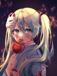 Rule 34 | 1girl, :o, absurdres, aqua eyes, aqua hair, blue kimono, blurry, blurry background, blush, braid, candy apple, commentary request, dark background, earrings, educk, food, hatsune miku, highres, holding, holding food, japanese clothes, jewelry, kimono, long hair, makeup, mascara, mask, mask on head, open mouth, solo, tassel, tassel earrings, twintails, upper body, vocaloid, yukata