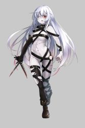 Rule 34 | 1girl, black gloves, black thighhighs, boots, brown footwear, dagger, elbow gloves, full body, gloves, gluteal fold, grey background, highres, knife, long hair, navel, one eye closed, original, red eyes, sakura inu, simple background, single thighhigh, solo, standing, stitches, thighhighs, torn clothes, torn thighhighs, very long hair, weapon, white hair