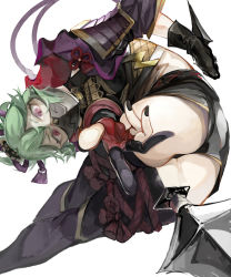 Rule 34 | 1girl, ass, ass focus, black mask, black shorts, breasts, covered mouth, dynamic pose, from behind, genshin impact, gloves, green hair, hair between eyes, hair ornament, highres, jacket, kuki shinobu, legs, looking at viewer, looking back, mask, mouth mask, ninja mask, partially fingerless gloves, ponytail, purple eyes, purple jacket, short shorts, shorts, solo, thick thighs, thighhighs, thighs, toro3