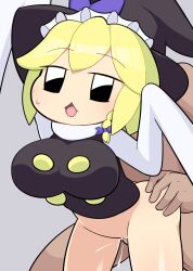 Rule 34 | 1girl, black eyes, black headwear, black vest, blonde hair, blush, bottomless, bow, braid, breasts, clothed sex, commentary, cookie (touhou), cowboy shot, grey background, hair bow, hat, hat bow, hetero, hospital king, kirisame marisa, large breasts, leaning forward, medium bangs, open mouth, purple bow, sex, sex from behind, shirt, short hair, side braid, simple background, single braid, sleeves past fingers, sleeves past wrists, solo focus, standing, standing sex, textless version, touhou, vest, white shirt, witch hat, yuuhi (cookie)
