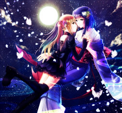 Rule 34 | 2girls, akai ito, bad id, bad pixiv id, black thighhighs, blue theme, bug, butterfly, cloud, dress, hair ornament, hatou kei, holding hands, insect, japanese clothes, kimono, long hair, moonlight, multiple girls, night, night sky, obi, petals, sash, seitsuji, short hair, sky, thighhighs, twintails, wide sleeves, yumei, yuri
