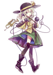 Rule 34 | 1girl, aibivy, black footwear, black hat, black thighhighs, boots, bow, commentary request, full body, green eyes, green hair, green skirt, hair between eyes, hat, hat bow, highres, holding, holding phone, instrument, komeiji koishi, long sleeves, looking at viewer, open mouth, over-kneehighs, phone, pleated skirt, simple background, skirt, solo, thighhighs, third eye, touhou, treble clef, trumpet, white background, yellow bow